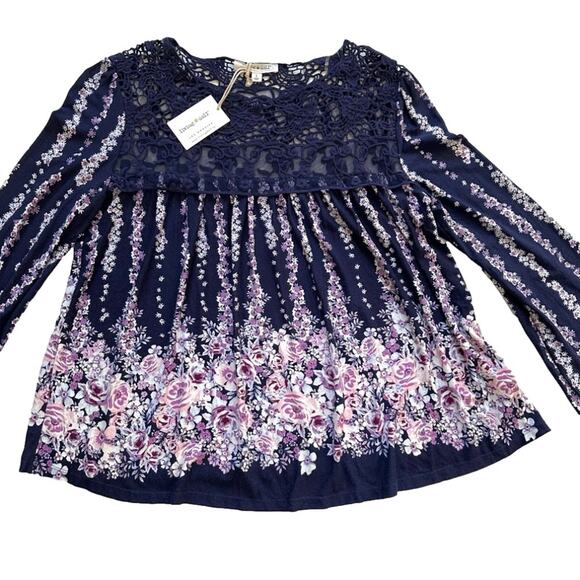 Living Doll Blue Pink Floral Lace Long Sleeve Boho Blouse Top Size Large NEW - Picture 13 of 13